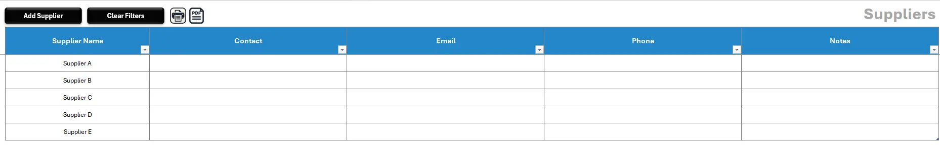 Suppliers: Manage all supplier contact information and link each material to the supplier with the lowest historical price.