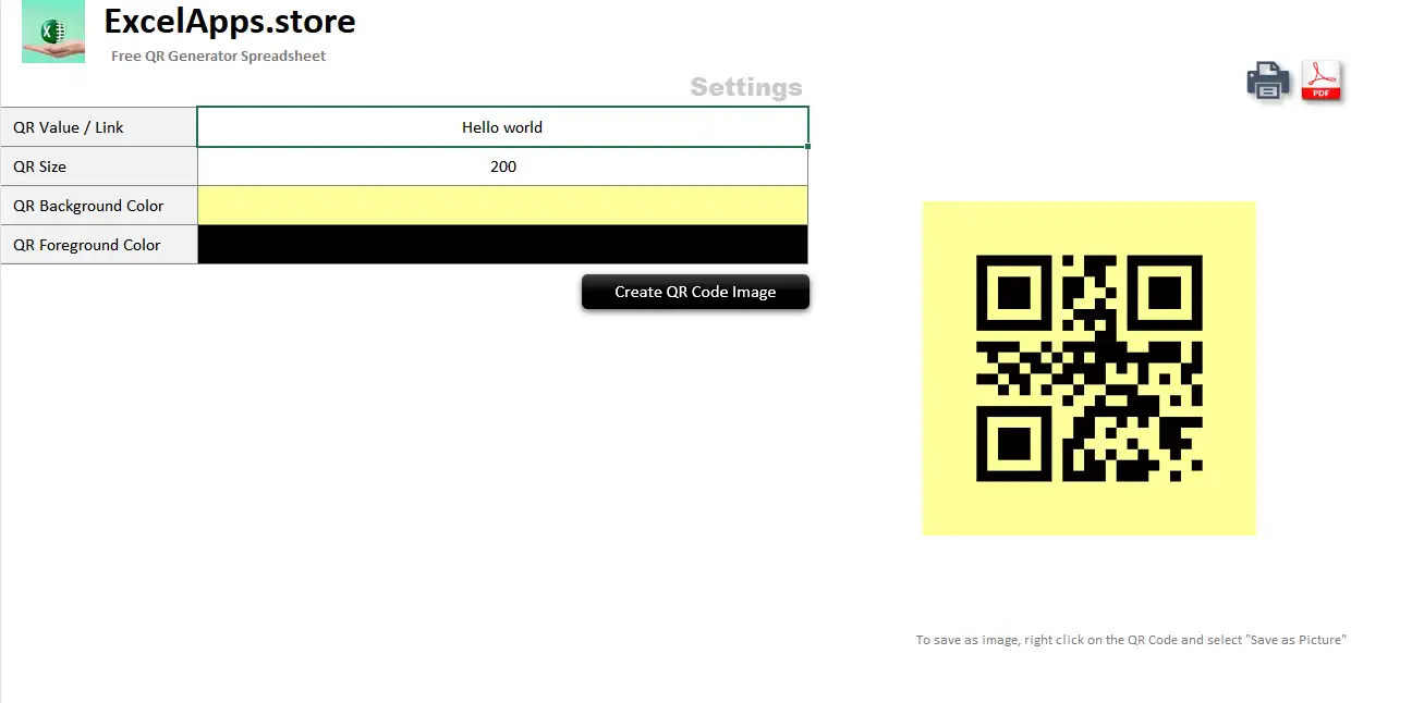 Screenshot of the Excel QR Code Generator sheet with settings and a generated QR image