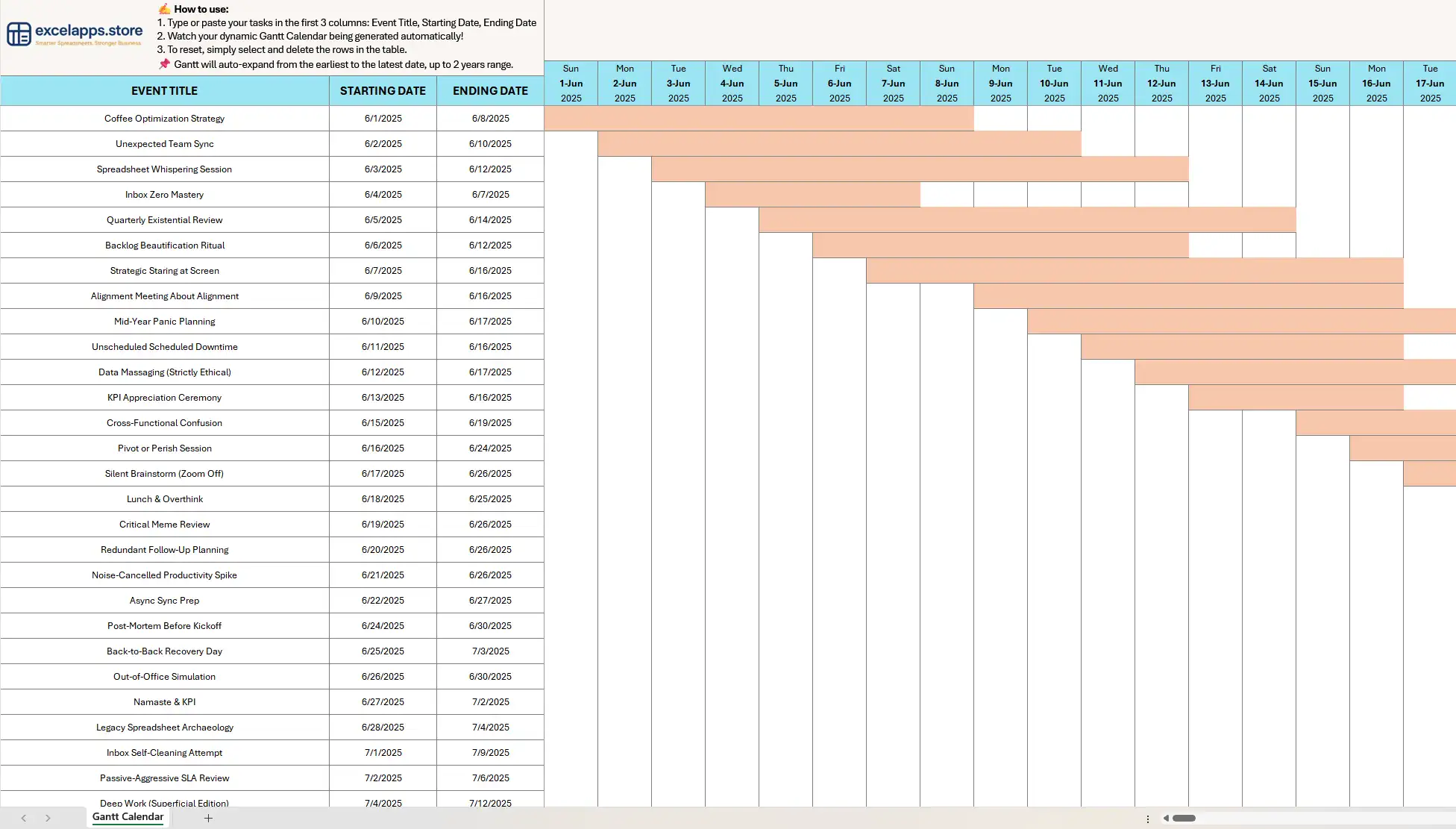 Excel sheet showing a Gantt chart auto-filled by dates