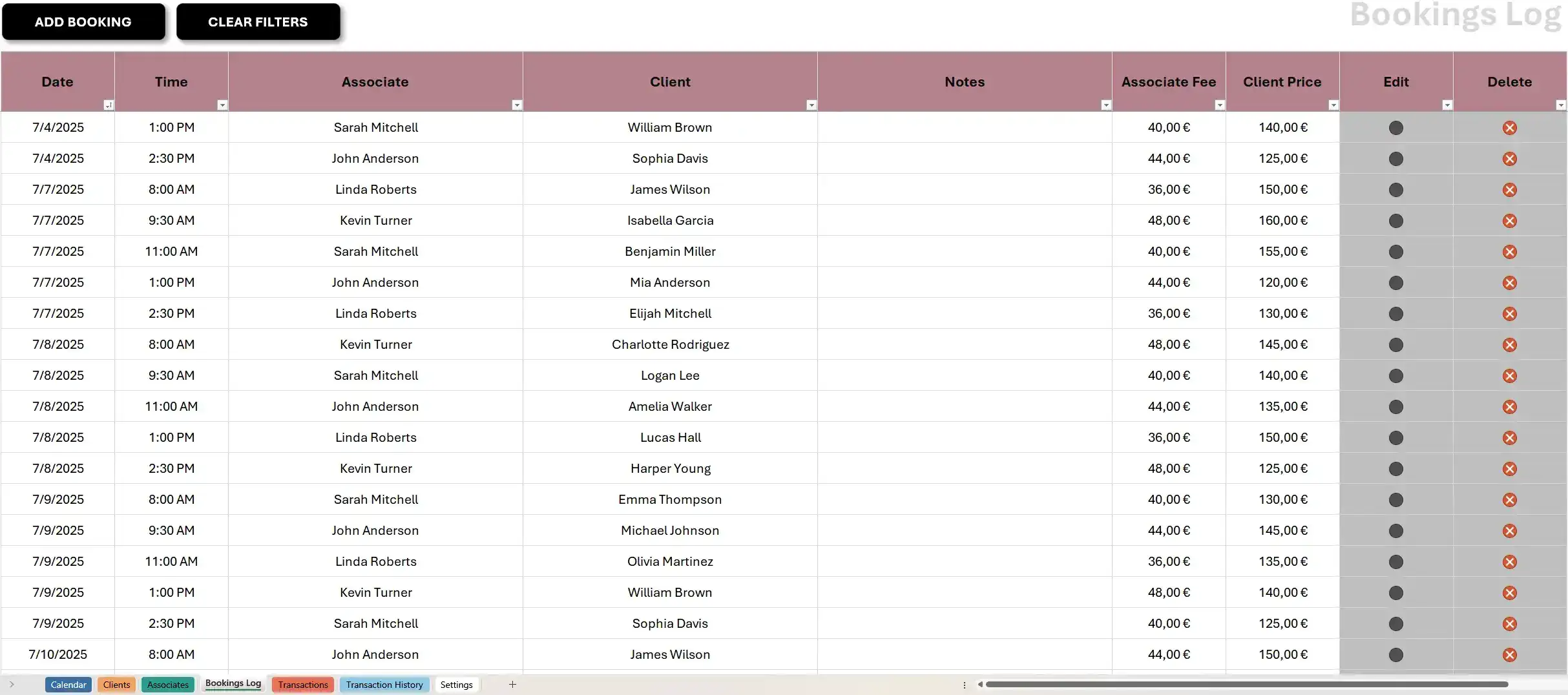 Bookings Log: track all scheduled sessions with notes and filters