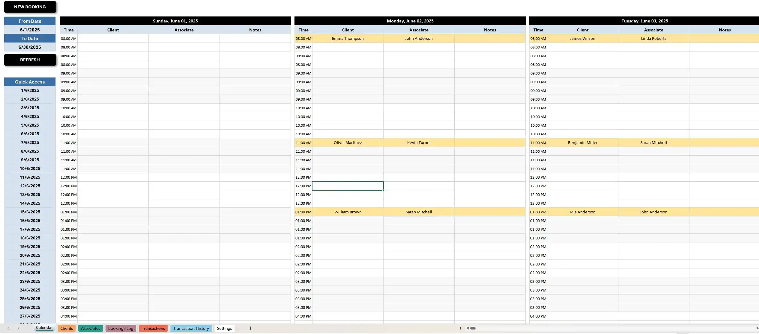 Calendar view: select date range and manage daily bookings in one sheet