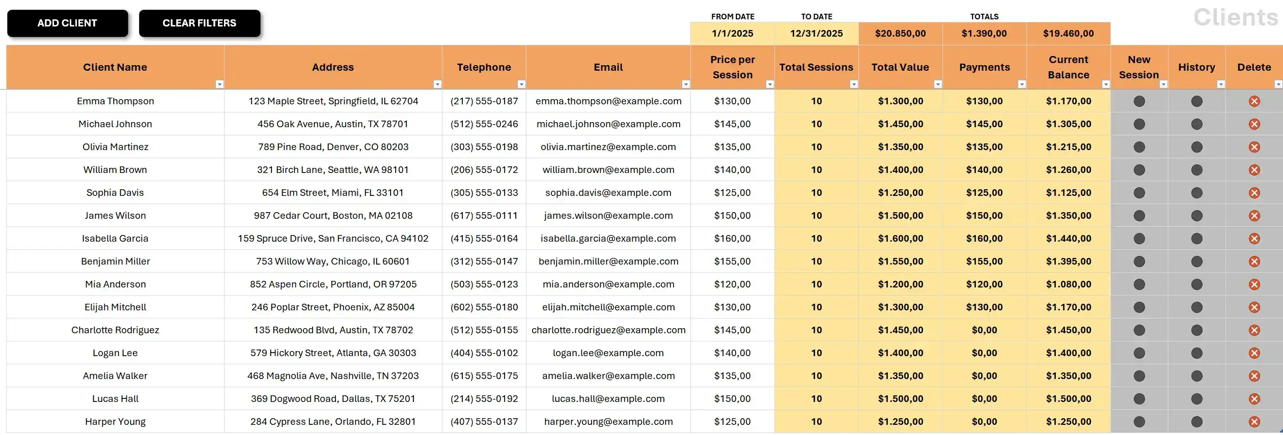 Clients sheet: master list of clients with contact details and status
