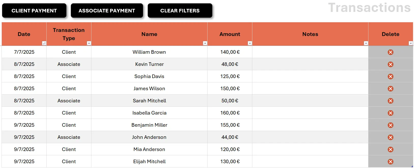Transactions sheet: record payments and view outstanding balances