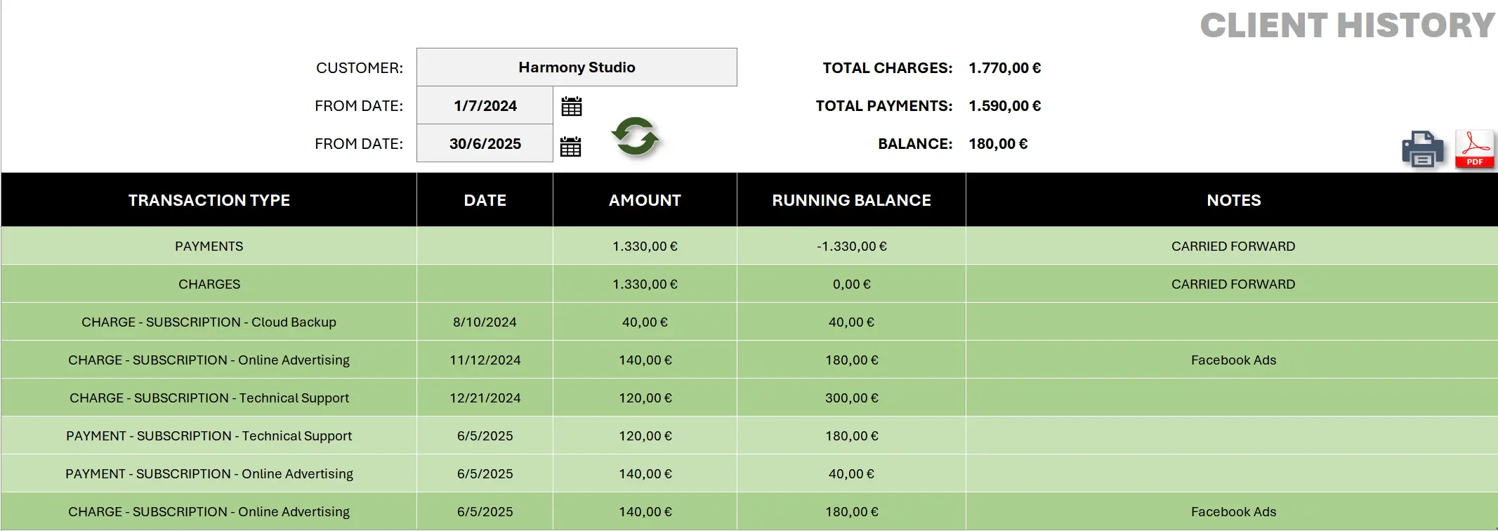 Client History sheet: generate printable statements with transaction history and running balances