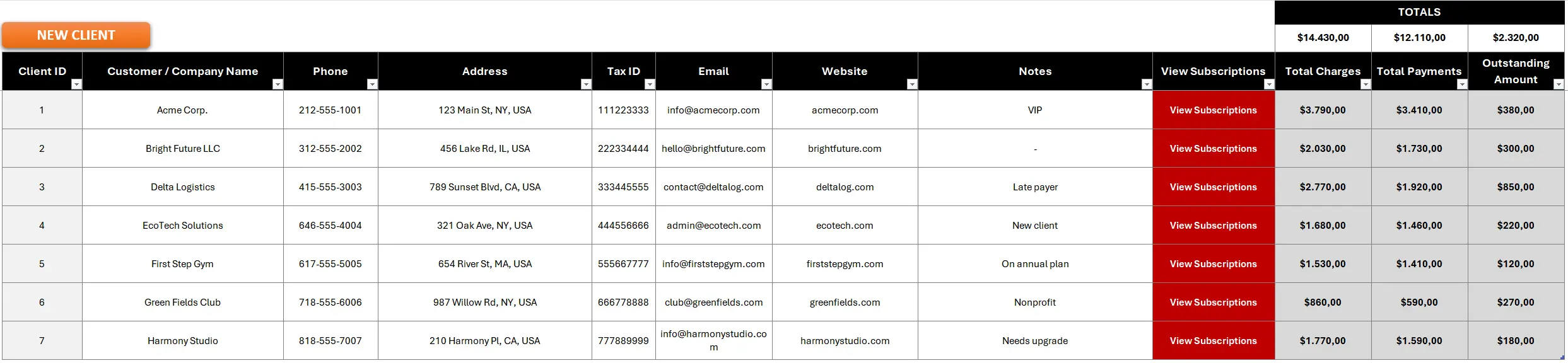 Clients sheet: master list of customers with contact details and balance summary
