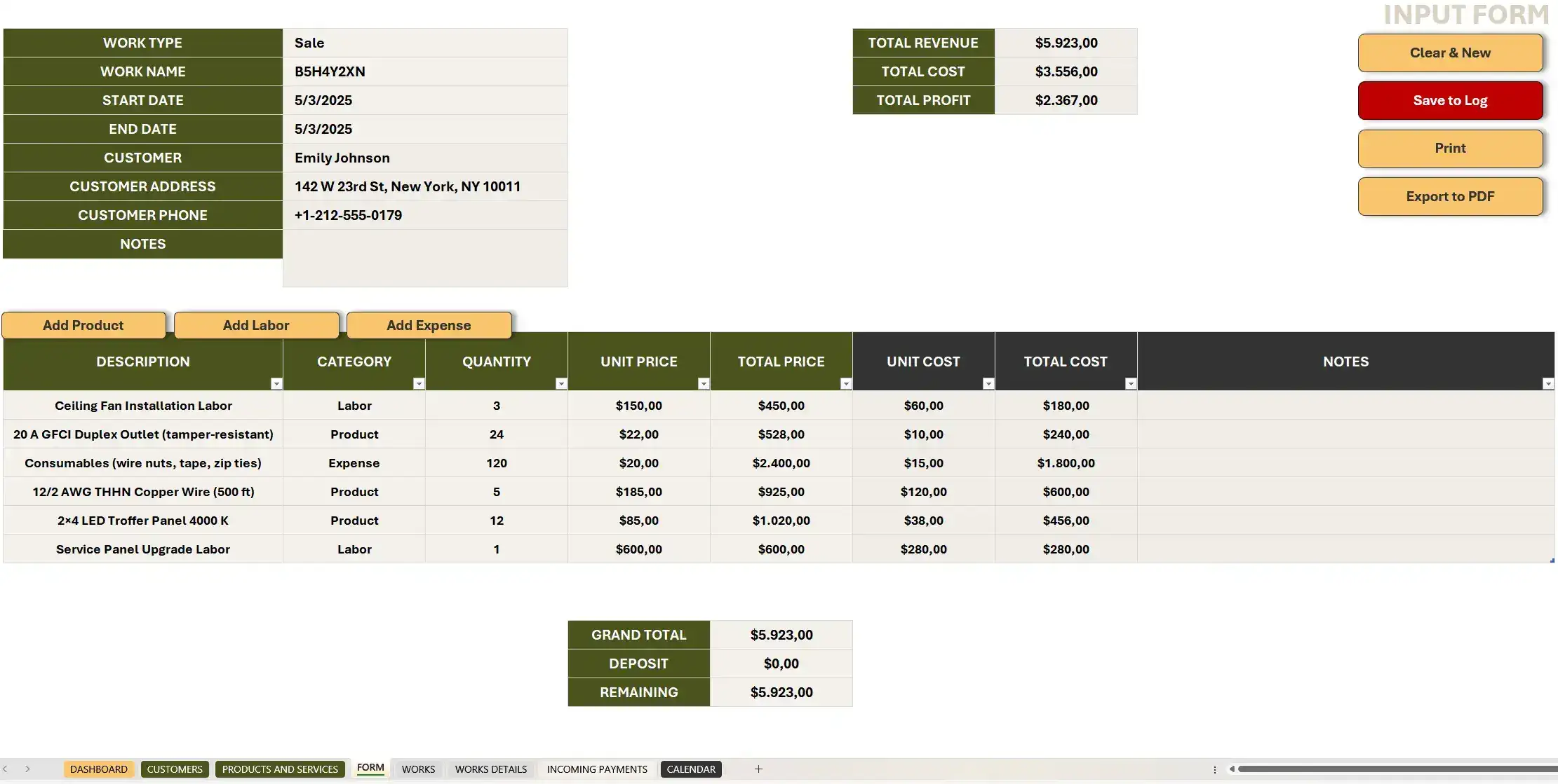 Entry Form: Create new jobs or quotes with auto-calculated cost lines and structured inputs.