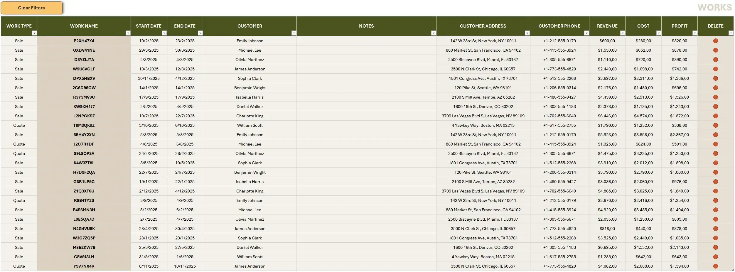 Projects Sheet: Overview of all saved jobs and quotes with financial summaries and quick edit options.
