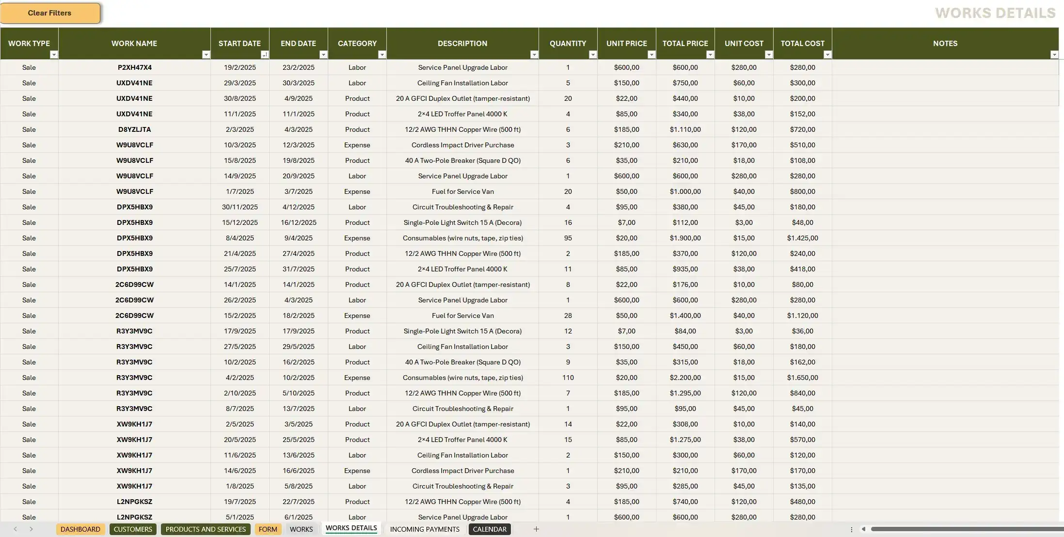 Details Sheet: Line-item breakdown of costs by project or client with advanced filtering.
