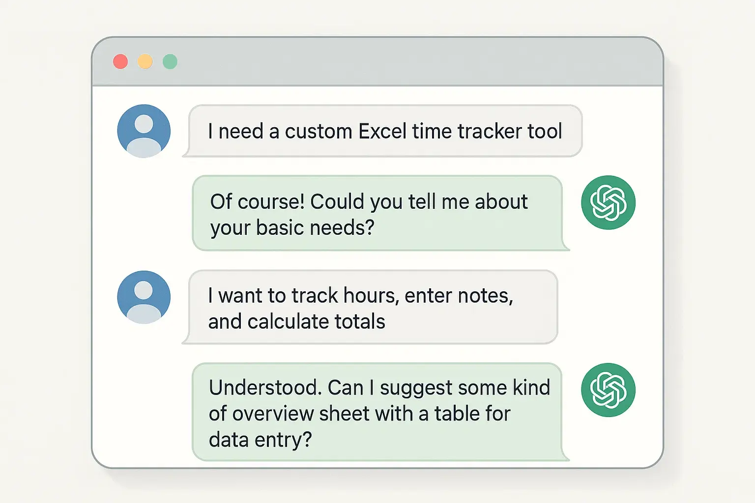 Example of ChatGPT assisting with Excel time tracker brief