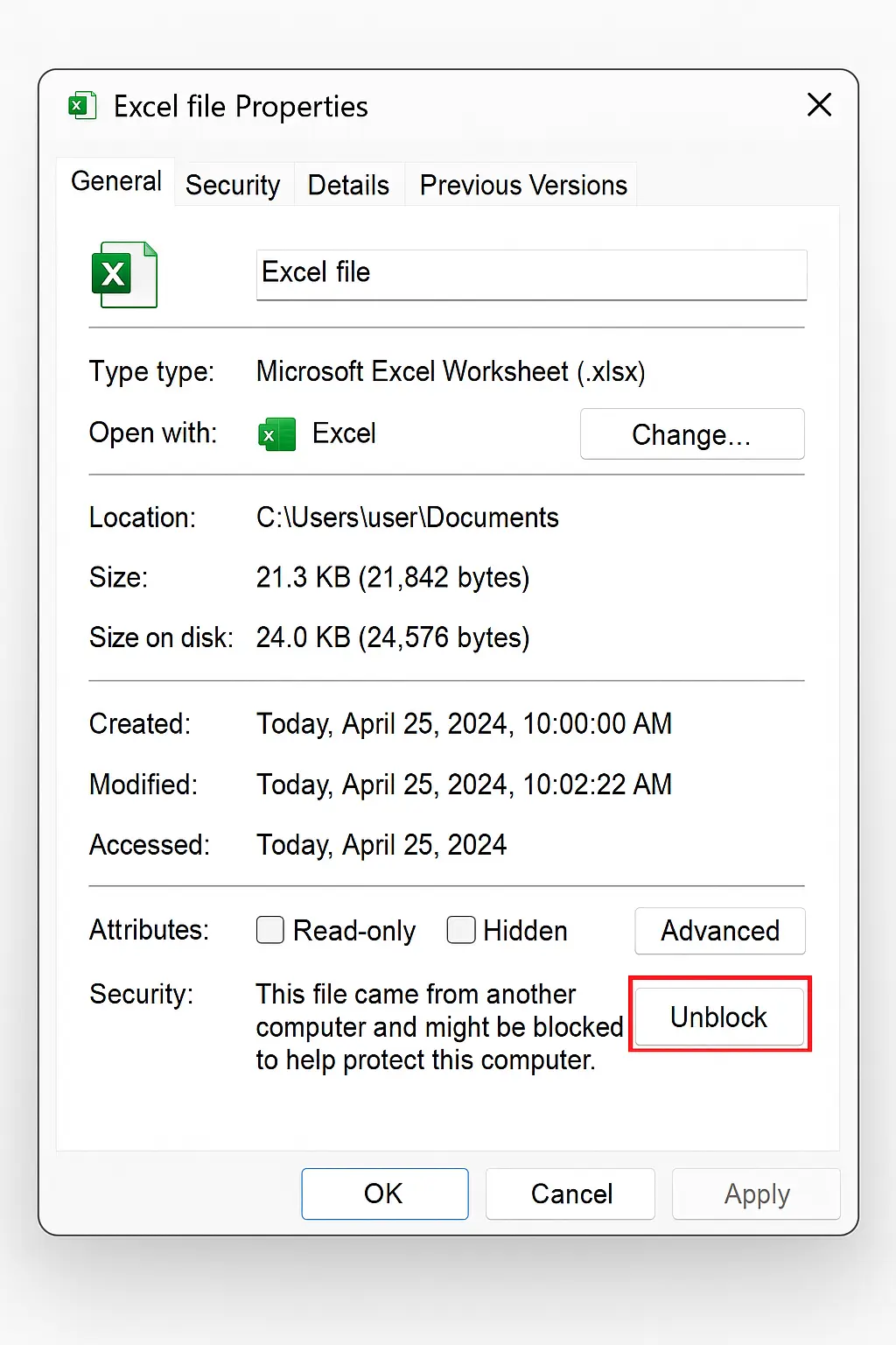 Unblock Excel file properties screenshot