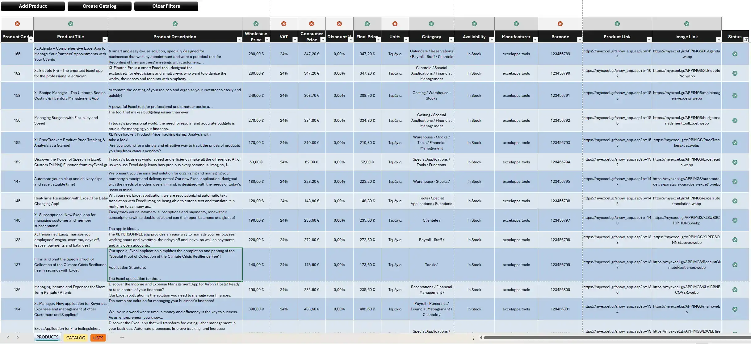 Products sheet: add products, set prices, categories, availability, and image URLs