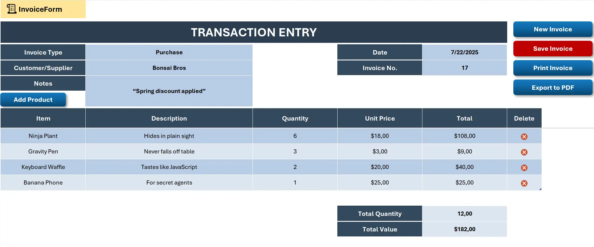 Invoice form: add line items, calculate totals, save and export to PDF