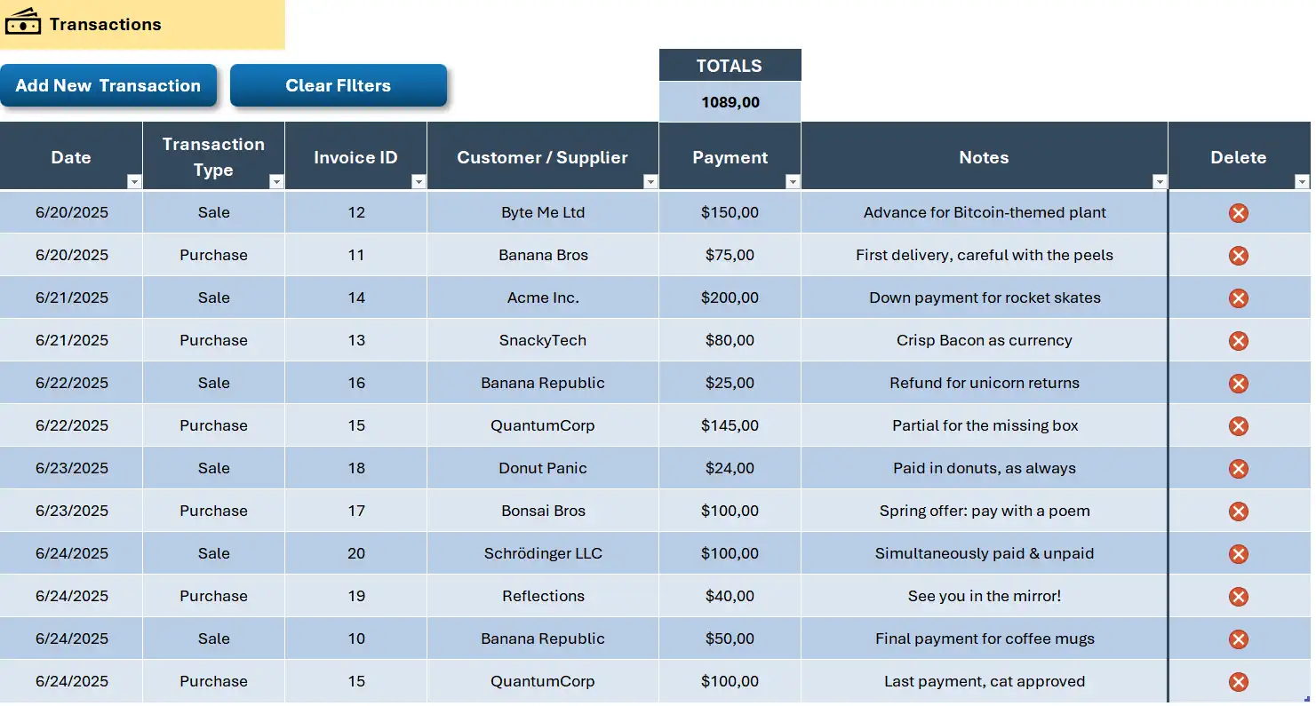 Transaction log: track payments, dates, customers, and notes